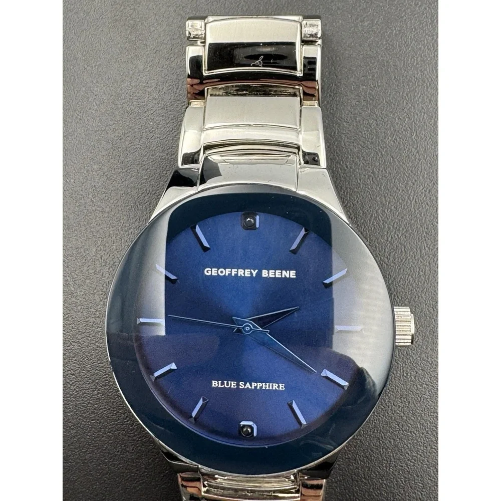 Geoffrey‎ Beene Blue Sapphire Collection Men's Watch Silver Tone WORKS GB8188SL
